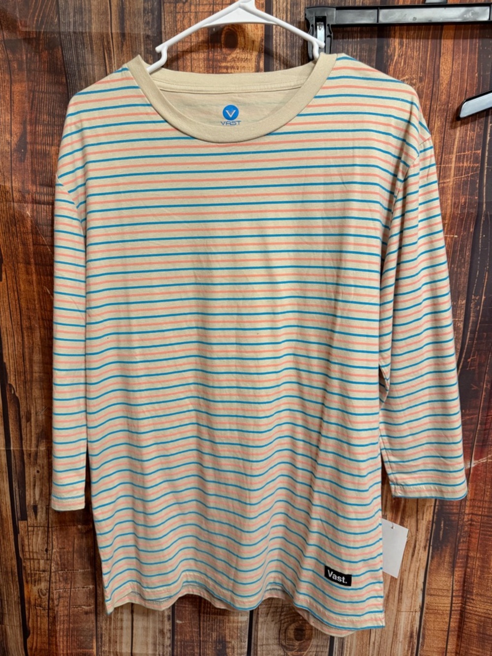 Women's Long Sleeve Striped Tee in Cream with Coral & Teal